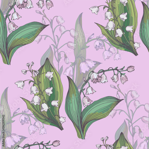 Beautiful lily of the valley flowers in spring garden, white Convallaria majalis blossoms with green leaves, delicate woodland floral background, seasonal spring nature