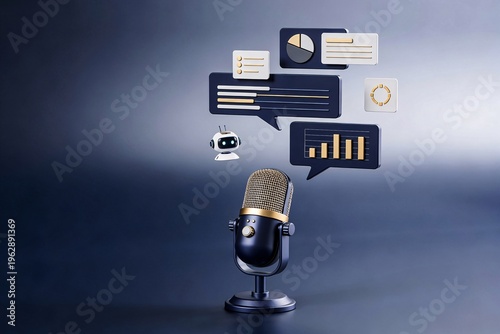 AI Meeting Assistant Business Technology Concept with Microphone, Analytics Dashboard and Smart Chat Interface for Corporate Use