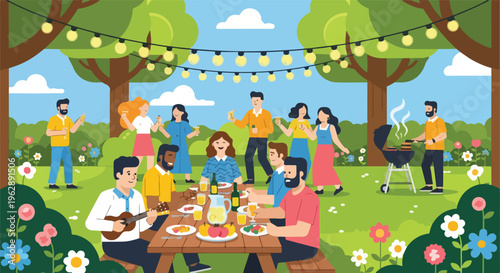A group of friends at a picnic with food, music, and BBQ