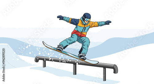 Illustration of a snowboarder performing a trick on a rail during a winter sports event