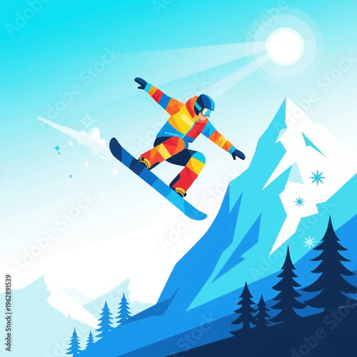 Dynamic winter adventure scene featuring a vibrant snowboarder soaring mid-air over majestic snowy peaks under a brilliant sun, capturing the exhilarating freedom of extreme sports