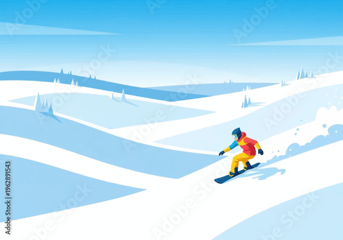 Snowboarder gracefully carving down a snow-covered mountain slope under a clear blue sky, epitomizing winter sport excitement and serene natural beauty