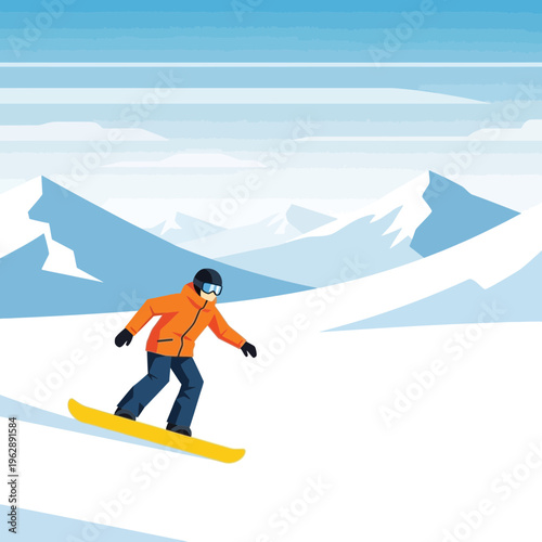 Snowboarder in Orange Jacket Gliding Down a Snowy Mountain Slope with Majestic Peaks in the Background