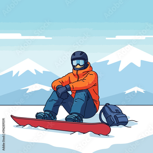 A lone snowboarder sits in the snow, taking a break from the slopes with a backpack nearby, surrounded by snow-capped mountains under a clear sky