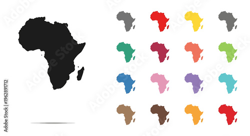 Vector illustration of the continent of Africa in various solid colors and a black silhouette with shadow.