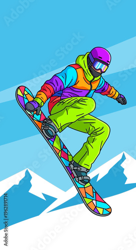 Excited snowboarder performs aerial trick on a mountain slope, captured in a vibrant, stylized illustration with colorful gear