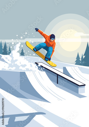 An exhilarating image of a snowboarder performing a trick over a rail in a snowy mountain resort with evergreen trees in the background under a bright sun and a clear sky