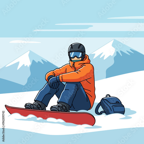 A snowboarder in an orange jacket and helmet sits on their snowboard in a snowy mountain landscape, with a backpack nearby, ready for a winter sport adventure