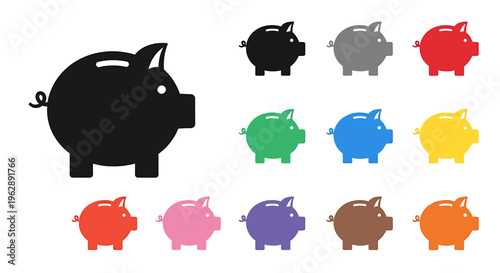 A collection of colorful piggy bank icons in various shades, including black, gray, red, green, blue, yellow, orange, pink, and purple, representing savings and financial concepts.