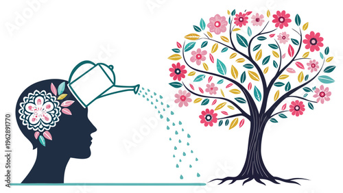 Creative mind nurturing growth through love and knowledge with vibrant tree and flowing thoughts