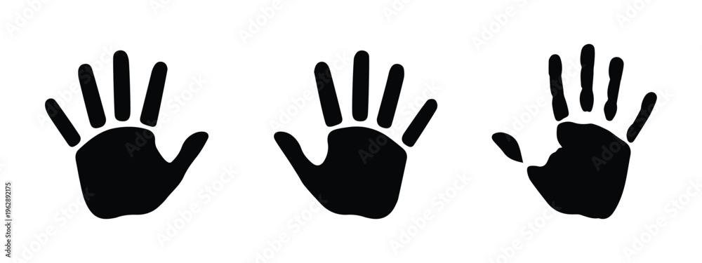 Fototapeta premium Set of handprint silhouettes in different shapes. Human hand icons isolated on transparent background.