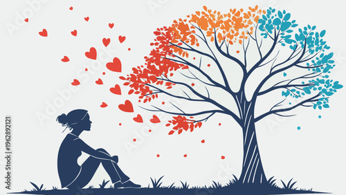 A child sits peacefully beneath a vibrant tree with colorful autumn leaves swirling around in a serene park setting