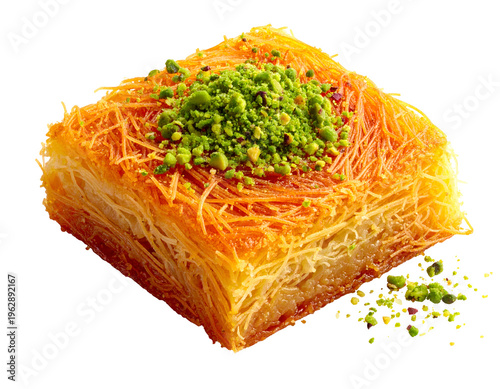 Golden shredded pastry dessert with pistachios, sweet, crunchy