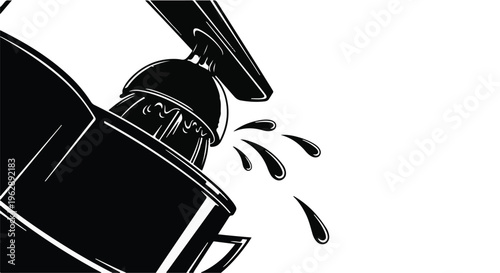 Black and white illustration depicts liquid spilling from an industrial-style oil can spout in a downward splashing motion.
