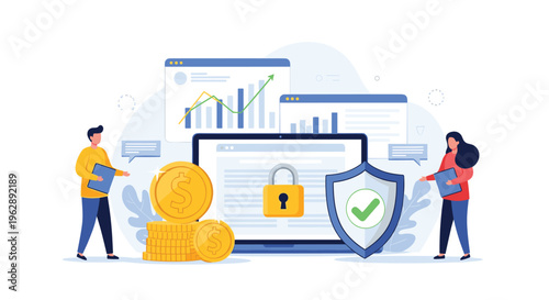 Financial management and data security concept with people standing near a laptop screen showing a lock and shield icon with money.