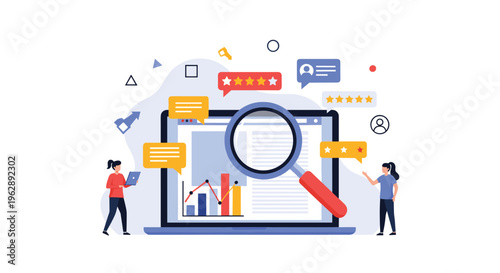 Website analytics and consumer review research concept with people using a magnifying glass to check business performance data.