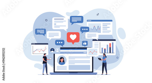 Social media profile management and data visualization concept with people interacting with user profiles and charts on a screen.