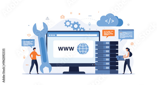 Website maintenance and server troubleshooting concept featuring people using a giant wrench to fix an online platform on servers.