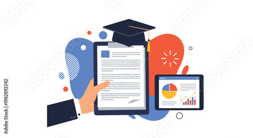 Educational achievement and graduation concept showing a hand holding a diploma with a cap next to a tablet with business charts.