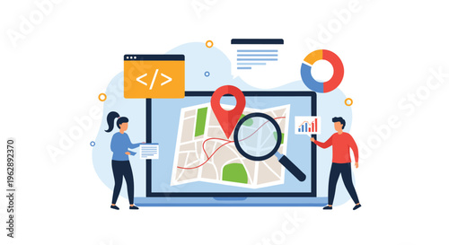 Geographic information system and map navigation concept with people looking at a location map on a monitor with pin icons.