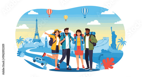 A group of friends traveling. Balloons, landmarks, and blue car are present