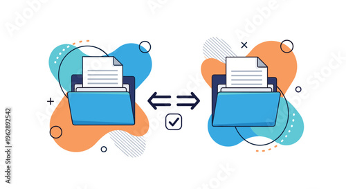 Digital file transfer and synchronization process between folders with document icons representing data management and sharing.