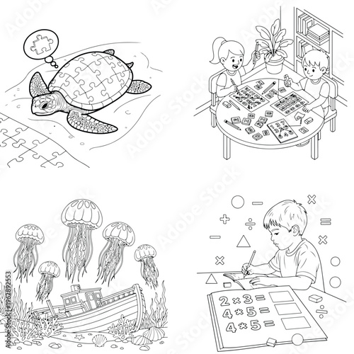 Sea turtle puzzle, children studying, jellyfish, and math problems coloring page, sunken ship