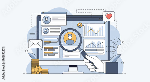 User research and data analysis on monitor with magnifying glass inspecting profile information and performance charts.