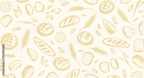 Sourdough Bread Vector Pattern Background Drawing, Rustic Hand Drawn Sketch Style Artisan Bakery Illustration, Organic Wheat Grains and Flour Loaves Line Art Doodle Backdrop Graphic