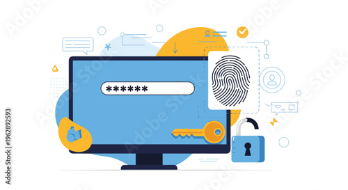 Secure authentication interface on computer screen with password entry and fingerprint scanning for advanced cybersecurity protection.