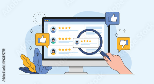 Customer feedback and product review platform on screen with star ratings and magnifying glass inspecting user comments.