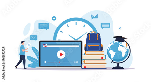 Online education and distance learning concept with video player on laptop books globe and student walking to study.