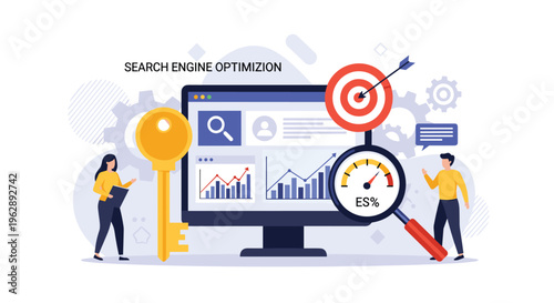 Search engine optimization strategy on monitor with key target gauge and growth charts representing digital marketing performance.