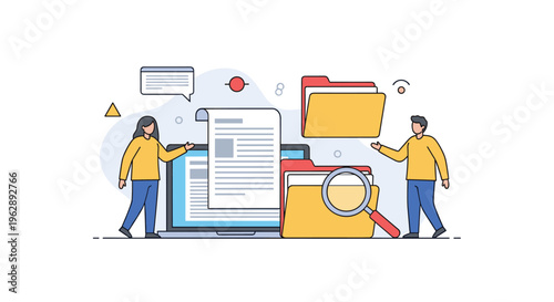 Document management and research process with people organizing folders and files around laptop screen showing information.