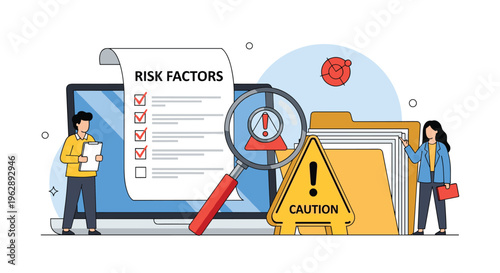 Risk assessment process showing risk factors checklist on laptop magnifying glass inspecting warning symbols and caution sign.