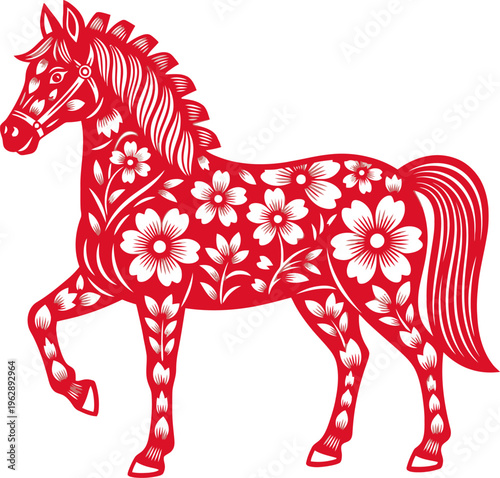 Floral Pattern Horse Red Decorative Folk Art Illustration
