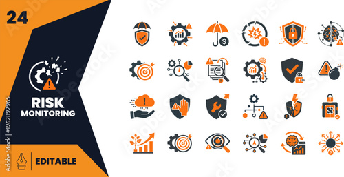 Risk Monitoring Icons Set for Cybersecurity, Data Protection, Compliance, Analysis, Business Safety