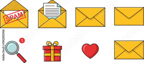 Email envelope icons set with spam message, notification, search, gift box and heart symbols vector illustration collection for communication and messaging concepts