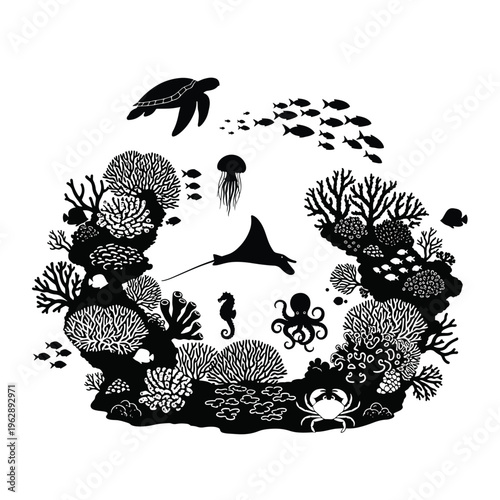 Underwater marine life with sea turtle and various ocean creatures