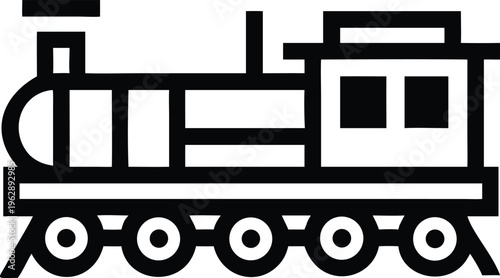 Detailed black outline icon of a classic steam train locomotive featuring an engine and operator cab
