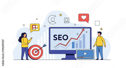 Search engine optimization and digital marketing on monitor with growth chart target video and engagement icons.