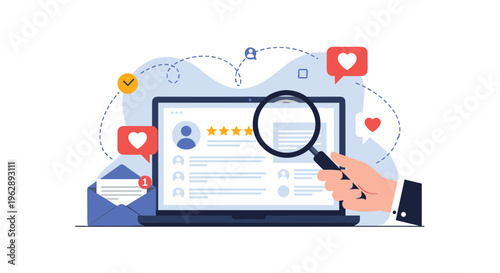 Online reputation management showing user profiles with star ratings on laptop and magnifying glass inspecting feedback.