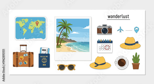A collection of travel icons, including map, suitcase, and camera