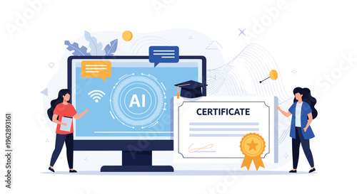 Artificial intelligence certification concept with monitor showing ai symbol graduation cap certificate and two people.