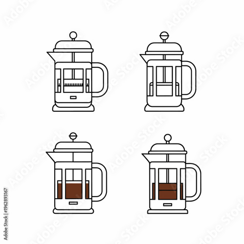 Four coffee press pots with brown liquid in various positions and orientations