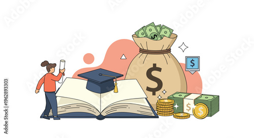 Scholarship and education funding concept with diploma student books graduation cap and large bag of money.