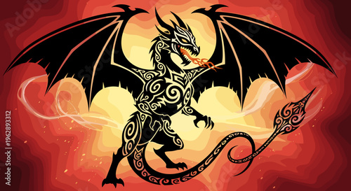 Dragon in fiery fantasy scene.