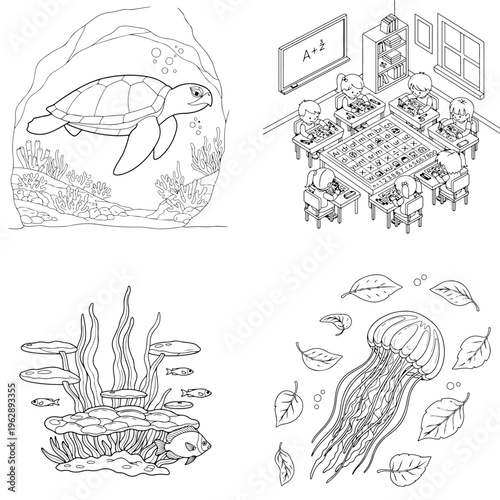 Underwater sea life and modern building interior coloring book pages set with sea turtle