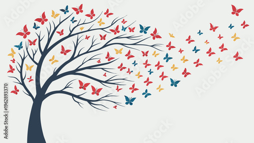 A tree adorned with vibrant, colorful paper flowers blooming from its branches in an artistic and cheerful display