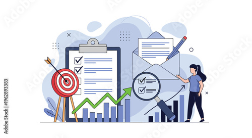 Performance tracking and goal achievement with checklist target growth chart and person monitoring results.